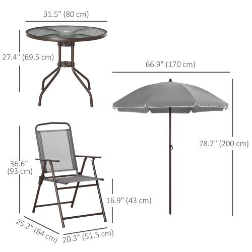 Outsunny 6 Pieces Patio Dining Set with Umbrella, Outdoor Furniture Set with Round Table and 4 Folding Chairs for Garden, Lawn, Deck, Grey