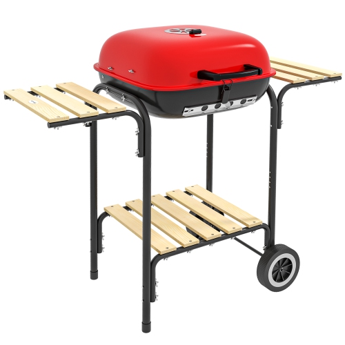 OUTSUNNY  Charcoal Bbq Grill Rolling Barbecue Trolley Smoker With Wheels, 2 Side Shelves And A Bottom Shelf Patio Outdoor Garden, Black And In Red