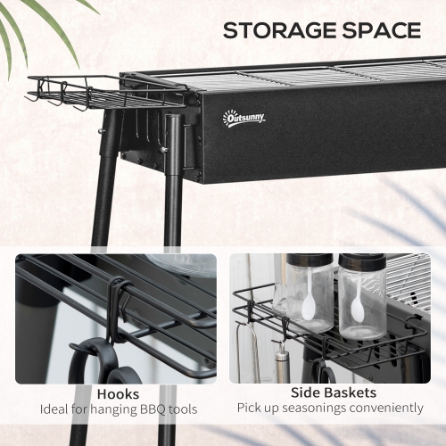 Outsunny Portable Outdoor Charcoal BBQ Grill with Side Seasoning Baskets, Hooks, and Barbecue Nets for Outdoor, Garden, Cooking, Picnic, Camping,