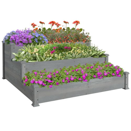 Outsunny – jardinière surélevée en bois à 3 niveaux, 49 x x49 x x22 po, boîte à plantes surélevée, pour jardin et patio, gris