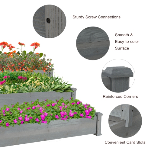 Outsunny 49" x 49" x 22" 3-Tier Raised Garden Bed Wooden Planter Kit Elevated Plant Box Stand for Yard, Patio, Grey