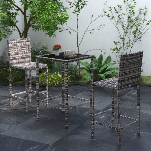 Outsunny 3 Piece Patio Bar Set Wicker Rattan Garden Deck Bistro Set Barstool and Table Outdoor Furniture for Patios Backyards Balcony Gardens