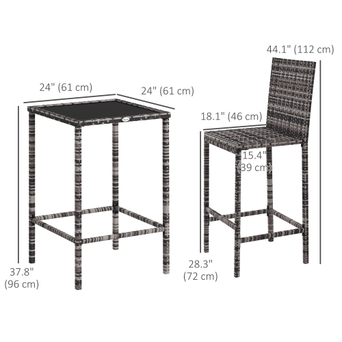 Outsunny 3 Piece Patio Bar Set Wicker Rattan Garden Deck Bistro Set Barstool and Table Outdoor Furniture for Patios Backyards Balcony Gardens