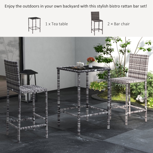 Outsunny 3 Piece Patio Bar Set Wicker Rattan Garden Deck Bistro Set Barstool and Table Outdoor Furniture for Patios Backyards Balcony Gardens