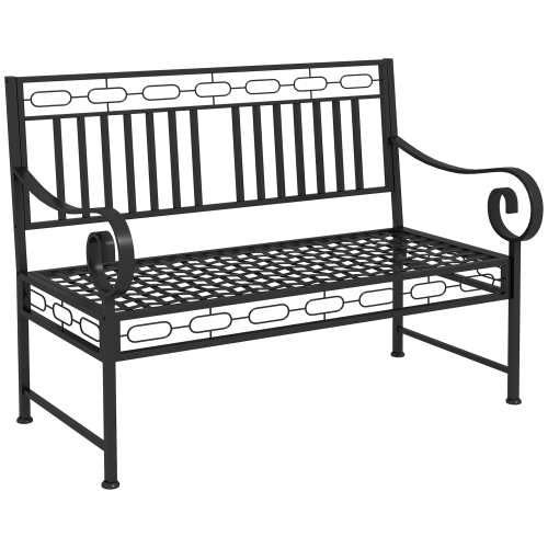 Banc de jardin de 44 po Outsunny, banc de parc en métal, causeuse extérieure avec dossier décoratif, accoudoirs incurvés et siège grillagé pour patio