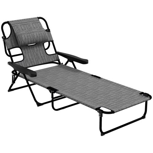 Image 1 de 9.. Chaise longue pliante Outsunny avec dossier inclinable à 4 niveaux, chaise bronzage d'extérieur avec trou de lecture, chaise longue d'extérieur avec