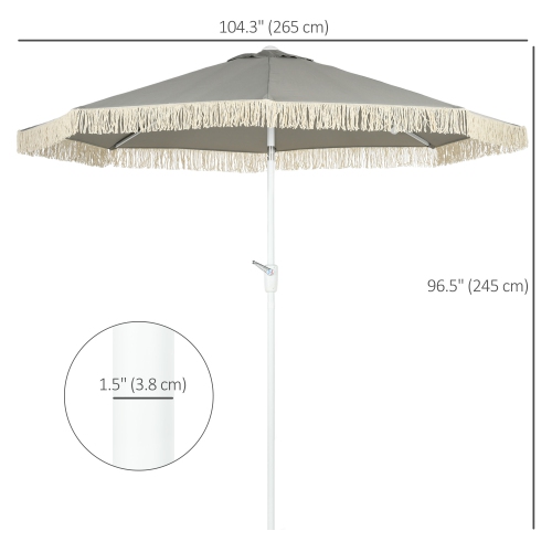 Outsunny 8.7 x 8.7 ft Patio Umbrella with Tilt, Vent, Outdoor Market Table Umbrella Parasol with Fringed Ruffles and Crank, Light Grey