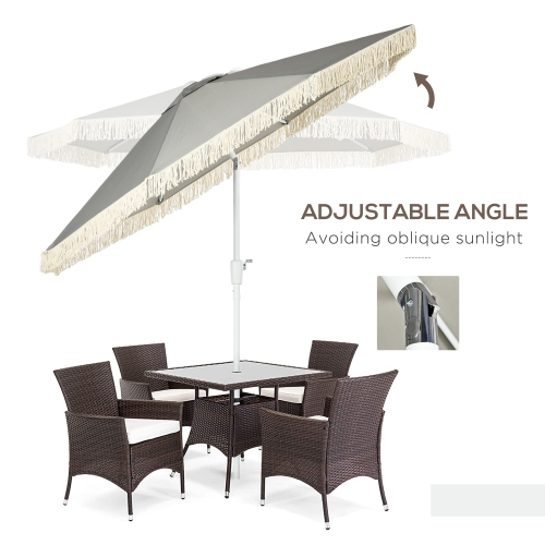 Outsunny 8.7 x 8.7 ft Patio Umbrella with Tilt, Vent, Outdoor Market Table Umbrella Parasol with Fringed Ruffles and Crank, Light Grey