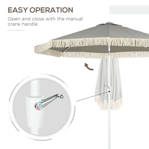 Outsunny 8.7 x 8.7 ft Patio Umbrella with Tilt, Vent, Outdoor Market Table Umbrella Parasol with Fringed Ruffles and Crank, Light Grey