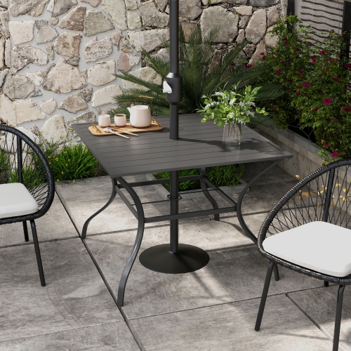 Outsunny Outdoor Dining Table for Four, Patio Table with Parasol Hole, Square Garden Table with Slatted Metal Plate Top for Backyard, Poolside, Dark