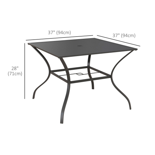 Outsunny Outdoor Dining Table for Four, Patio Table with Parasol Hole, Square Garden Table with Slatted Metal Plate Top for Backyard, Poolside, Dark