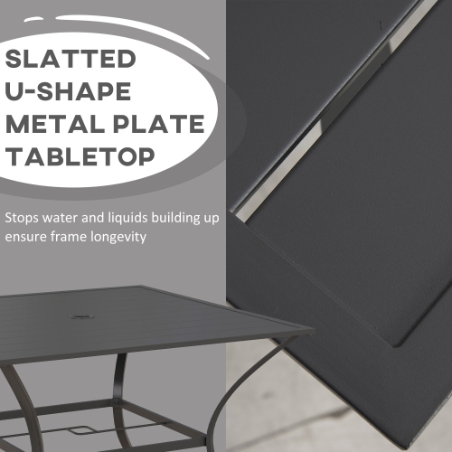 Outsunny Outdoor Dining Table for Four, Patio Table with Parasol Hole, Square Garden Table with Slatted Metal Plate Top for Backyard, Poolside, Dark