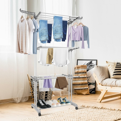 Foldable 3-Tier Clothes Drying Rack with 4 Casters, Laundry Drying Rack Organizer for Clothes Shoes
