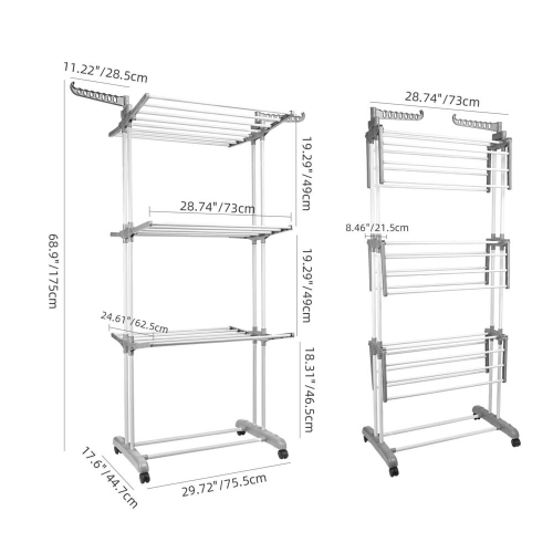 Foldable 3-Tier Clothes Drying Rack with 4 Casters, Laundry Drying Rack Organizer for Clothes Shoes