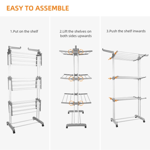 Foldable 3-Tier Clothes Drying Rack with 4 Casters, Laundry Drying Rack Organizer for Clothes Shoes