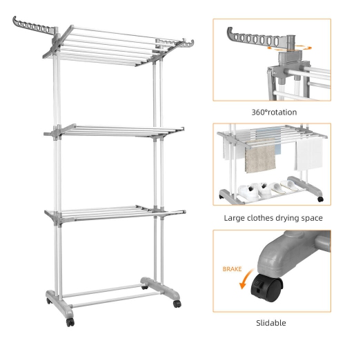 Foldable 3-Tier Clothes Drying Rack with 4 Casters, Laundry Drying Rack Organizer for Clothes Shoes