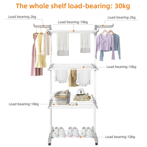 Foldable 3-Tier Clothes Drying Rack with 4 Casters, Laundry Drying Rack Organizer for Clothes Shoes