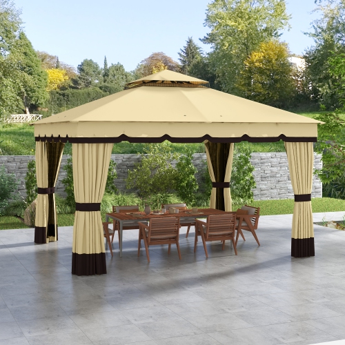 Outsunny 10' x 12' Patio Gazebo, Double Roof Outdoor Gazebo Canopy Shelter with Netting and Curtains, Solid Metal Frame for Garden, Lawn and