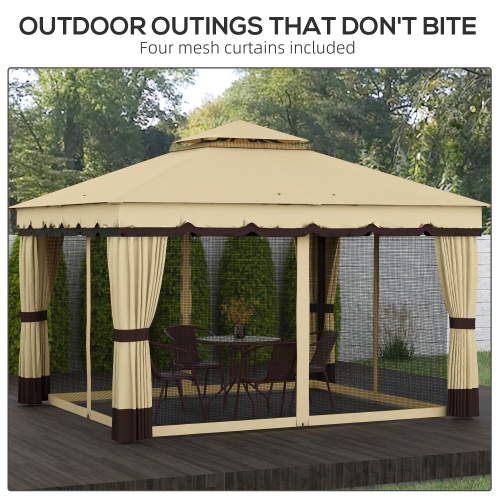 Outsunny 10' x 12' Patio Gazebo, Double Roof Outdoor Gazebo Canopy Shelter with Netting and Curtains, Solid Metal Frame for Garden, Lawn and