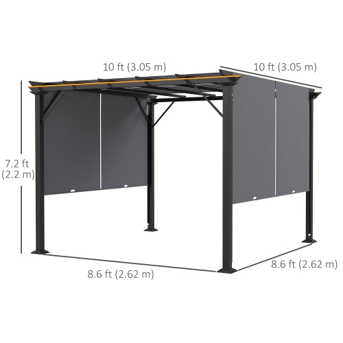 Auvent rétractable pour pergola de 10 x 10 pi, abri de jardin d'extérieur avec auvent et cadre en acier Outsunny, pour cour, jardin, patio, terrasse,