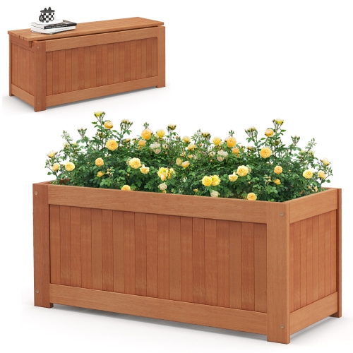 Gymax Wood Outdoor Planter Box w/ Seat 2-in-1 Wooden Raised Garden Bed & Bench