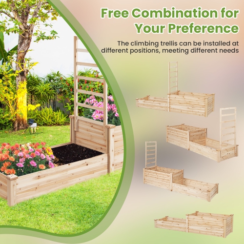 Gymax Raised Garden Bed w/ 2 Planter Boxes & Trellis Outdoor Wooden Planter Box Kit for Sapling