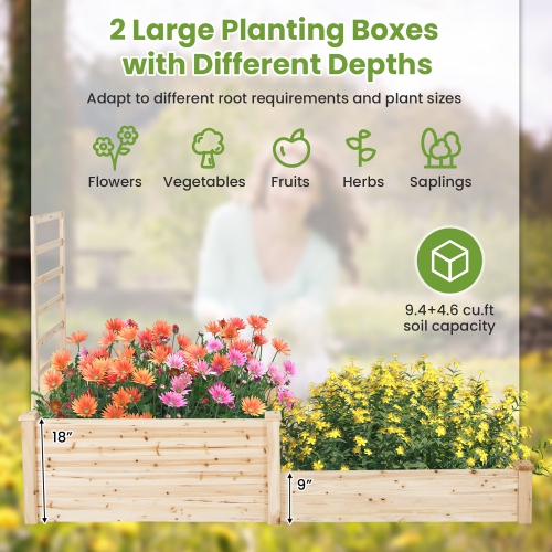 Gymax Raised Garden Bed w/ 2 Planter Boxes & Trellis Outdoor Wooden Planter Box Kit for Sapling