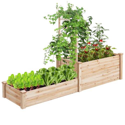 Gymax Raised Garden Bed w/ 2 Planter Boxes & Trellis Outdoor Wooden Planter Box Kit for Sapling