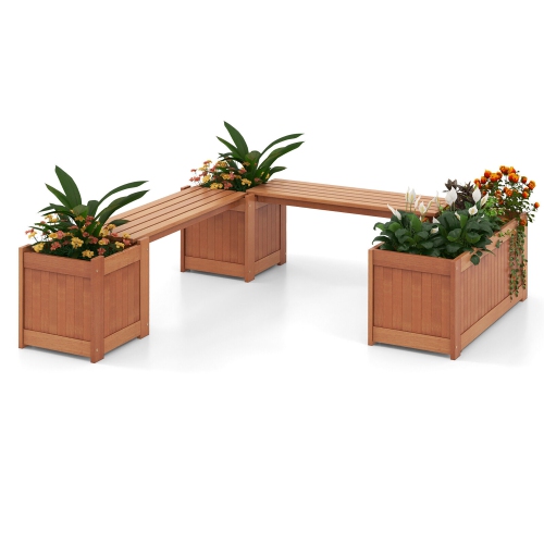GYMAX  Wood Wooden Planter Box W/ Seat 2-In-1 Raised Garden Bed & Bench Outdoor
