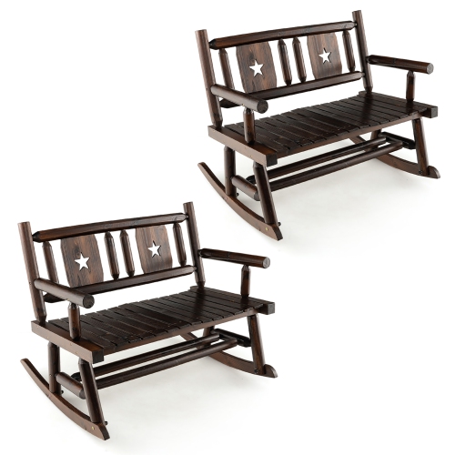 Gymax 2PCS Carbonized Wood Rocking Bench Double Rocking Chair for 2 Persons w/ Wide Curved Seat