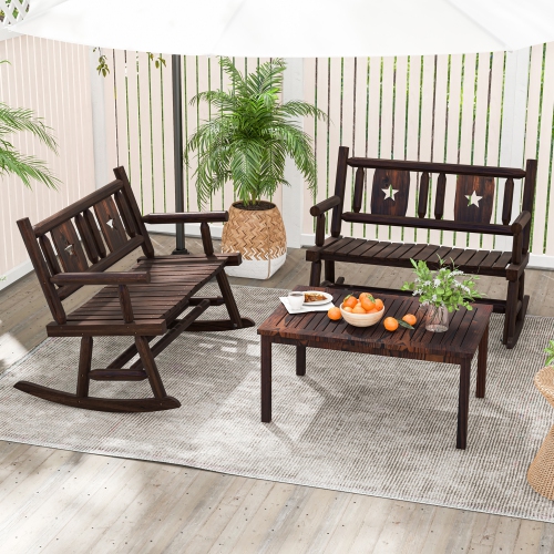 Gymax 2PCS Carbonized Wood Rocking Bench Double Rocking Chair for 2 Persons w/ Wide Curved Seat