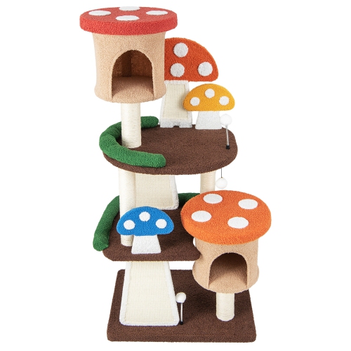 GYMAX  Wooden Cat Tree W/ Sisal Scratch Board & Post Padded Perch Hanging Toys Modern