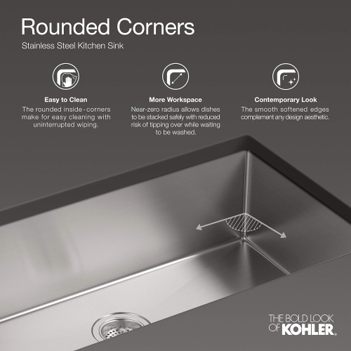 KOHLER K-5415-NA Strive Self-Trimming Undermount Large Single-Bowl Kitchen Sink with Tall Apron, 35 1/2 X 21 1/4", Stainless Steel