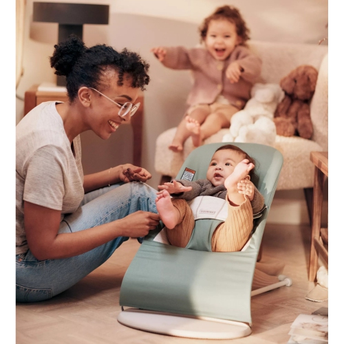 BabyBjorn Bouncer Balance in Soft Woven/Jersey Blend Fabric - Light Sage/Gray on Light Gray Frame