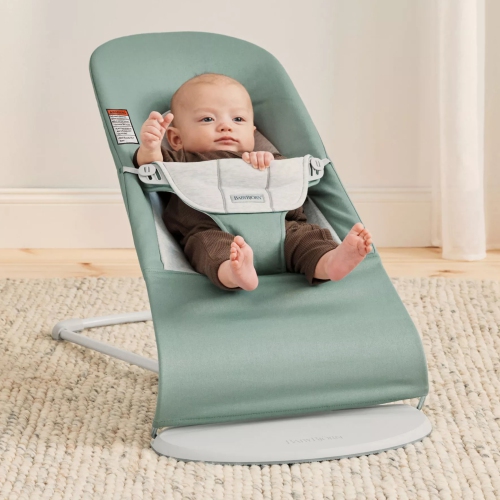 BabyBjorn Bouncer Balance in Soft Woven/Jersey Blend Fabric - Light Sage/Gray on Light Gray Frame