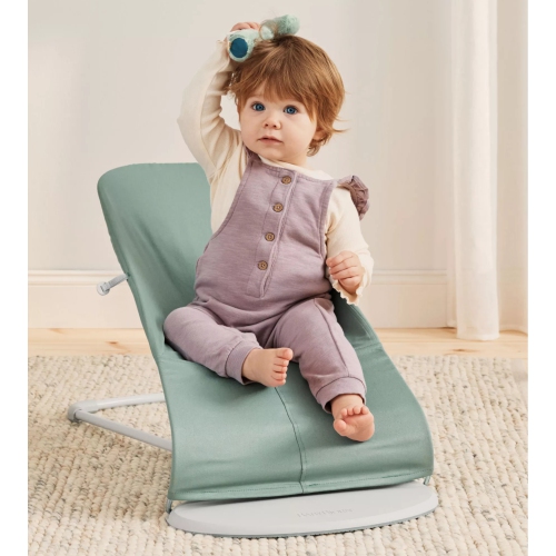 BabyBjorn Bouncer Balance in Soft Woven/Jersey Blend Fabric - Light Sage/Gray on Light Gray Frame