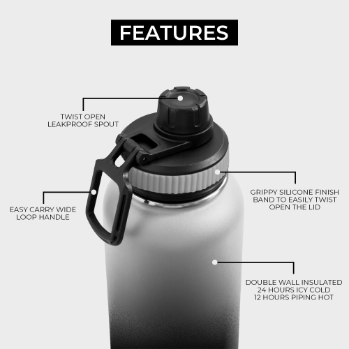 BOZ Stainless Steel Water Bottle - Vaccum Insulated Water Bottle 32 Oz - Gradient Black Waterbottle