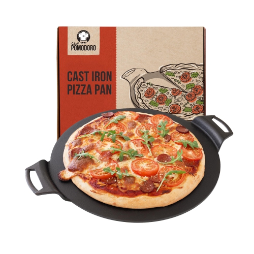 Chef Pomodoro Cast Iron Pizza Pan, 15" Inch Pre-seasoned Skillet, With Handles, Baking Pan