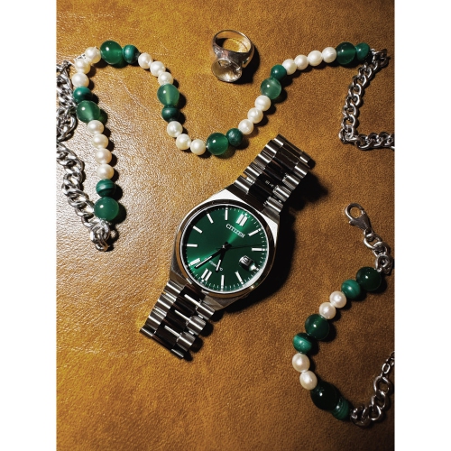 Montre automatique pour hommes « TSUYOSA » 40&nbsp;mm avec boîtier et bracelet en acier inoxydable argenté et cadran vert de Citizen