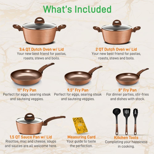 Kitchenware Pots & Pans Set - Stylish Kitchen Cookware, Non-Stick Coating Inside & Outside + Heat resistant Lacquer Outside, Coffee Inside and Brown