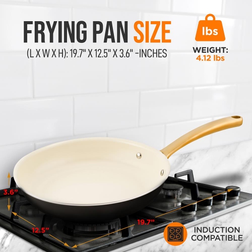 12'' Large Fry Pan - Non-stick Pan with Silicone Handle, Interior Non-stick Ceramic Coating and Polyester coating Outside