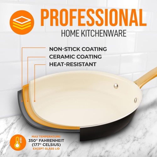 12'' Large Fry Pan - Non-stick Pan with Silicone Handle, Interior Non-stick Ceramic Coating and Polyester coating Outside