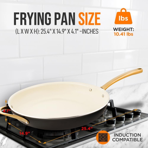 14'' Non-stick Fry Pan – Durable Pan with Silicone Handle, Interior Non-stick Ceramic Coating and Polyester coating Outside
