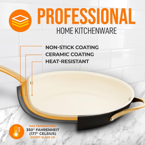 14'' Non-stick Fry Pan – Durable Pan with Silicone Handle, Interior Non-stick Ceramic Coating and Polyester coating Outside