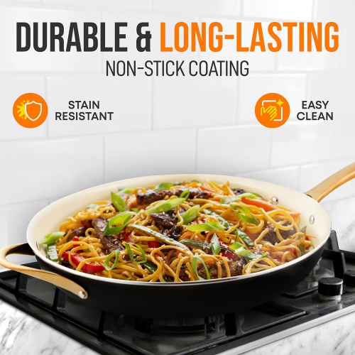 14'' Non-stick Fry Pan – Durable Pan with Silicone Handle, Interior Non-stick Ceramic Coating and Polyester coating Outside