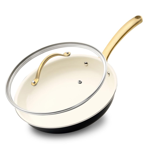 12'' Large Fry Pan with Lid - Non-stick Pan with Silicone Handle, Interior Non-stick Ceramic Coating and Polyester coating Outside