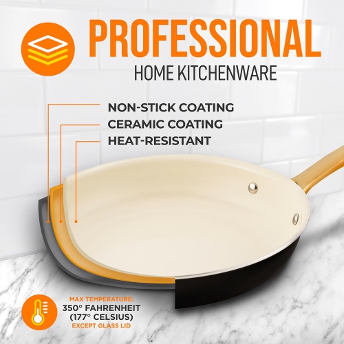 12'' Large Fry Pan with Lid - Non-stick Pan with Silicone Handle, Interior Non-stick Ceramic Coating and Polyester coating Outside