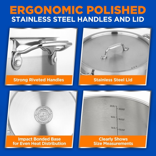 Stainless Steel Cookware Stockpot - 20 Quart, Heavy Duty Induction Pot, Soup Pot With Stainless Steel Lid