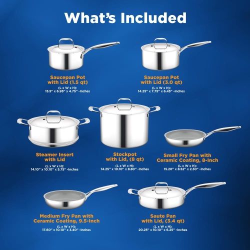 Kitchenware Pots & Pans Set - Clad Kitchen Cookware with Nylon Utensils, Frypan Interior Coated with Prestige Ceramic Non-Stick Coating