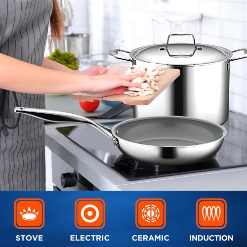 Kitchenware Pots & Pans Set - Clad Kitchen Cookware with Nylon Utensils, Frypan Interior Coated with Prestige Ceramic Non-Stick Coating